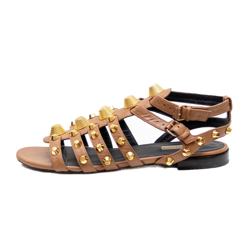 Balenciaga Women's Gladiator Sandals – Brown Leather  Gold Studs –Sz EU 40/US 10 - Picture 2 of 12